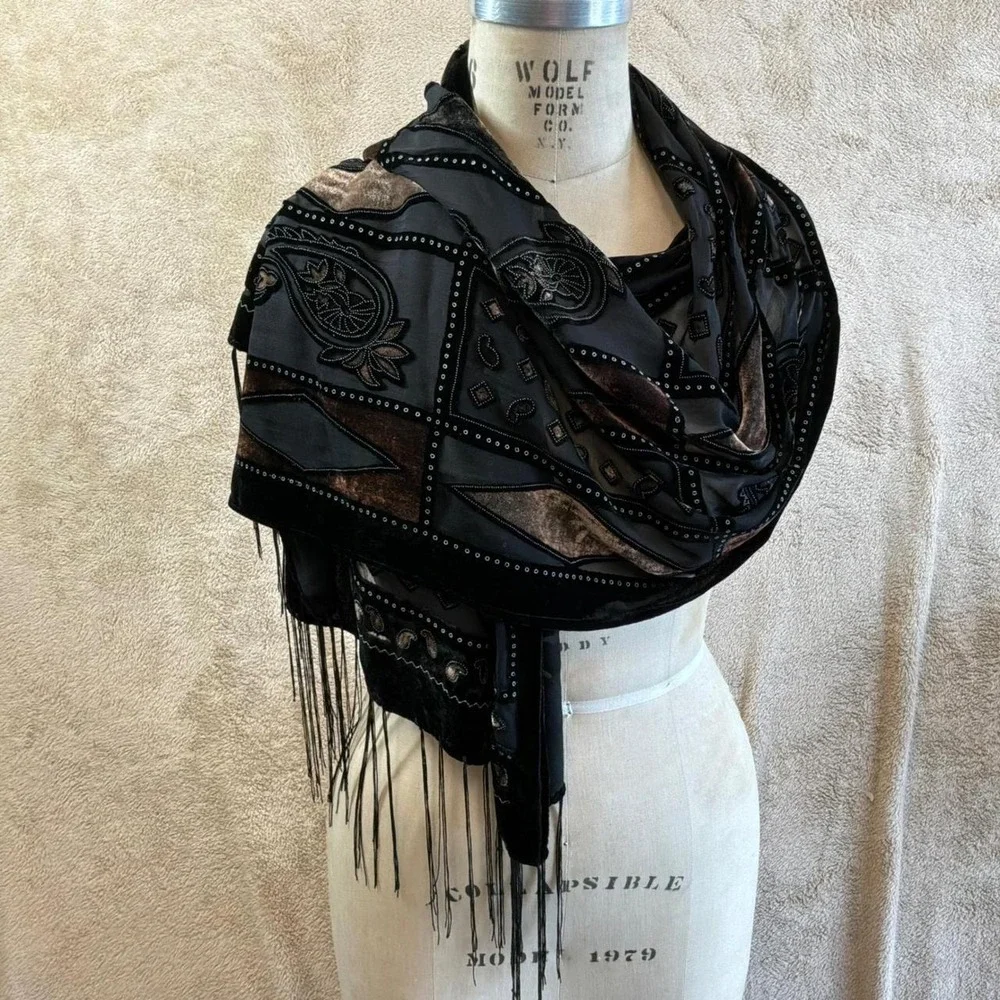 Velvet Burnout Beaded Paisley Fringe Shawl Wrap Black Bronze Boho Witchy
